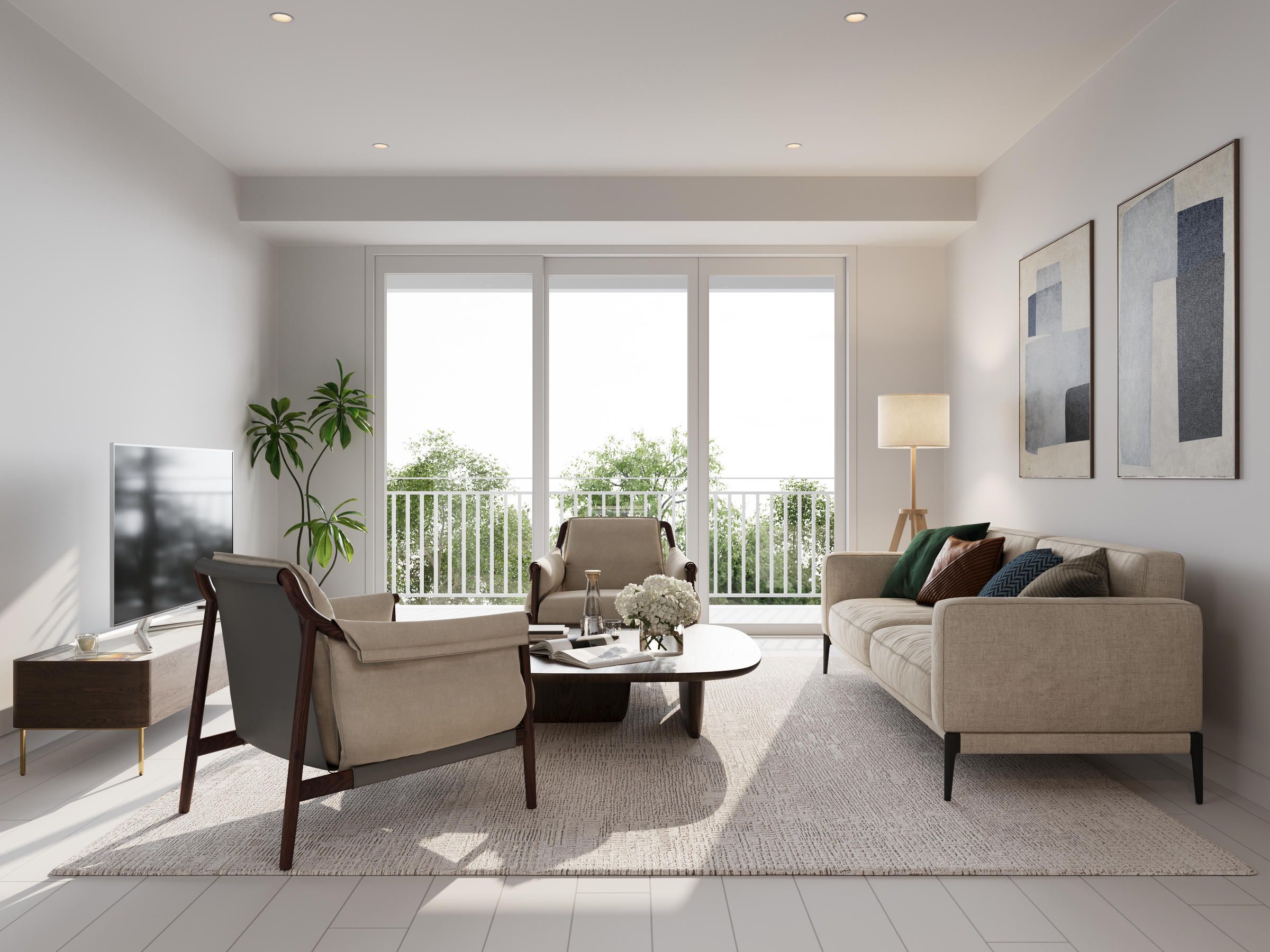 Modern living room with neutral furniture, large windows, indoor plants, and abstract wall art.