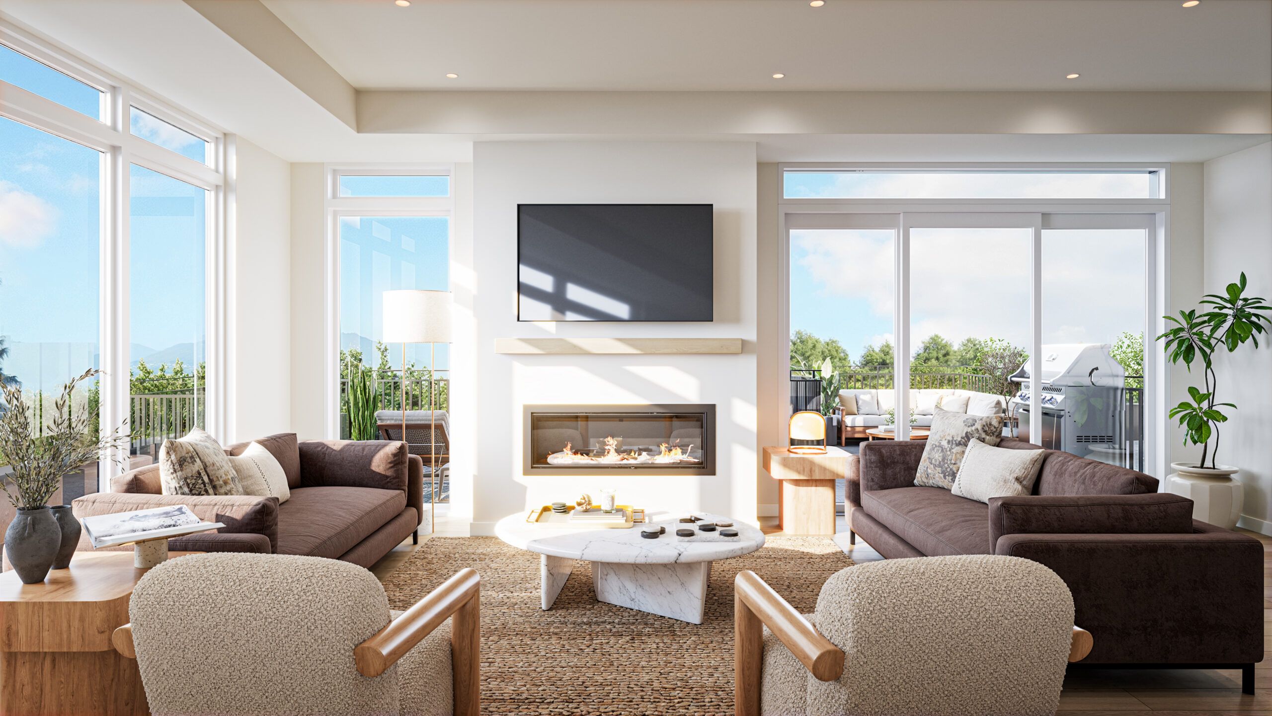 Modern living room with large windows, two sofas, armchairs, a coffee table, fireplace, and wall-mounted TV.