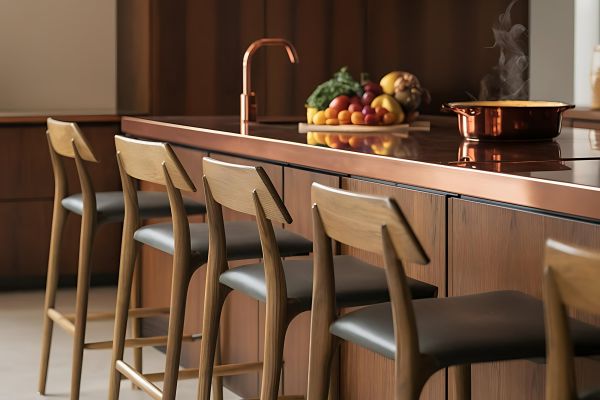 Modern kitchen with wooden bar stools, a copper sink, and fresh produce on the counter next to a steaming pot.