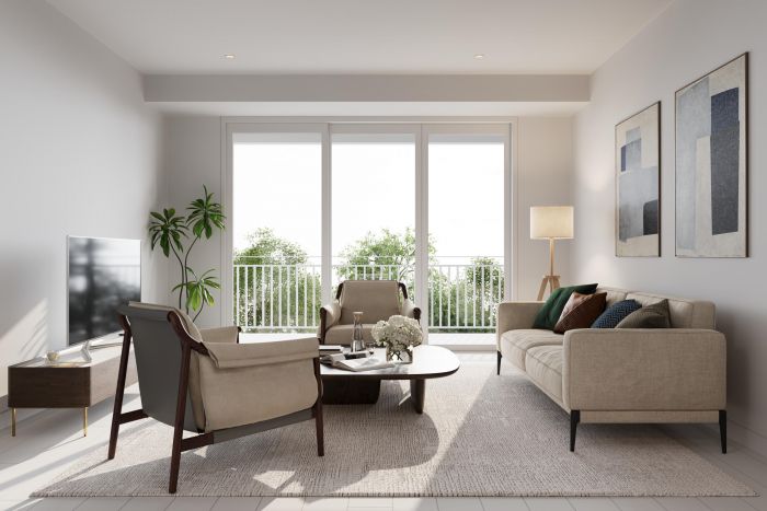 Modern living room with neutral furniture, large windows, indoor plants, and abstract wall art.