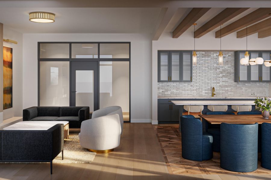 Modern open-concept living and dining area with dark furniture, wood accents, and a kitchen island.